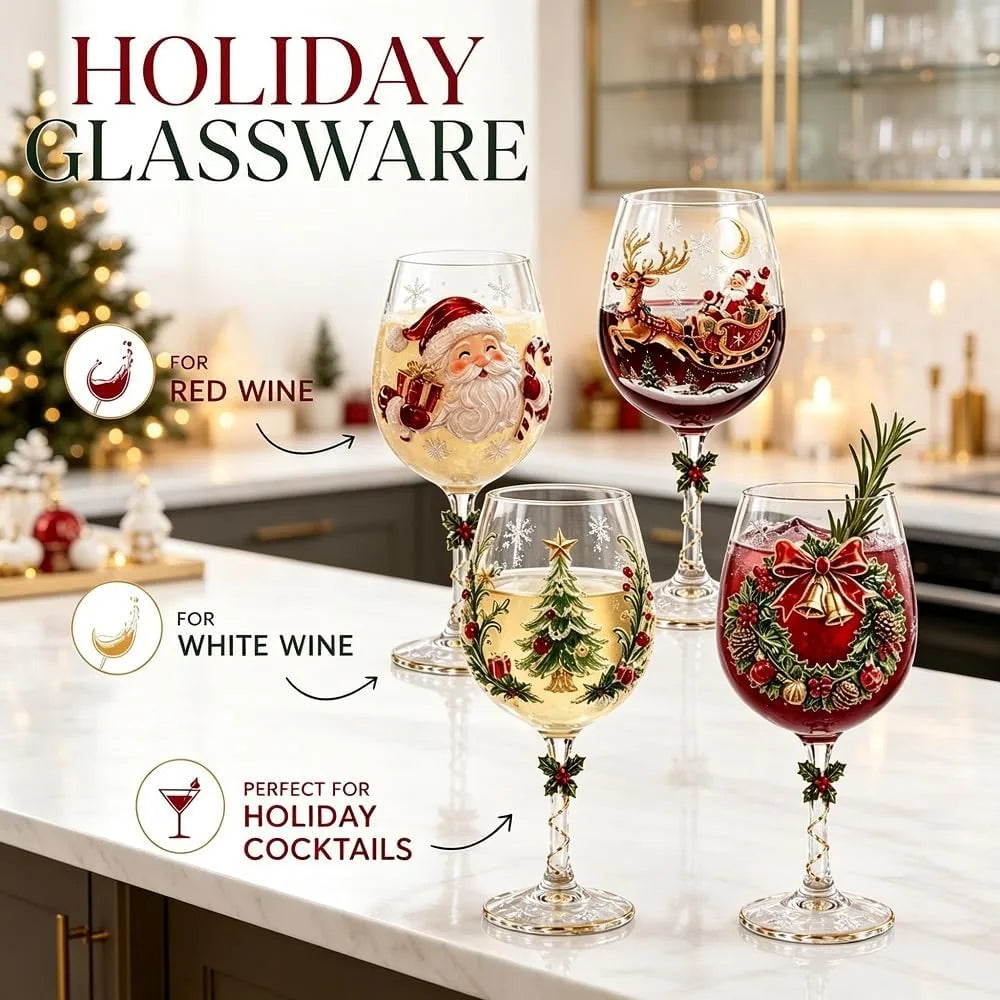Festive Stemmed Christmas Wine Glass Set